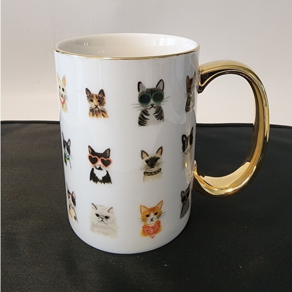 Anthropologie Rifle Paper Co Whimsical Cool Cat Mug Gold Handle Mug 11 fl oz